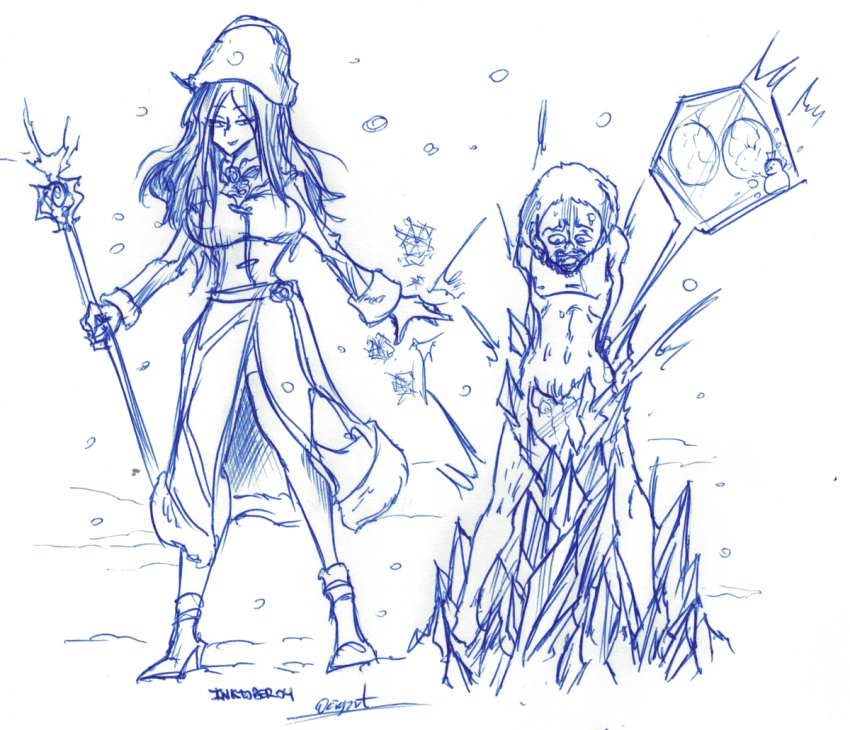 1boy 1girl bdsm cbt ice inktober magic ocigart snowing staff