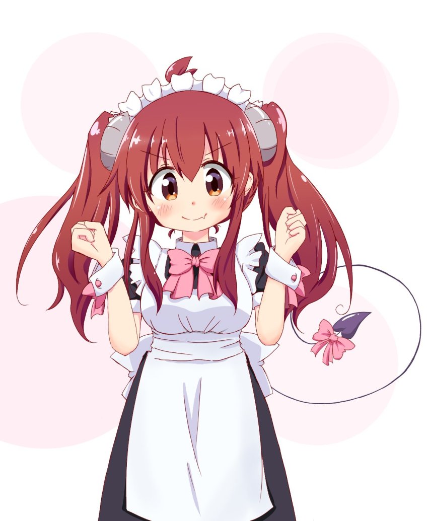 1girl ahoge alternate_costume apron blush bow brown_eyes brown_hair curled_horns daihi_(sqz306) demon_girl demon_horns demon_tail dress enmaided frills highres horns long_hair looking_at_viewer machikado_mazoku maid maid_apron maid_headdress puffy_sleeves ribbon short_sleeves smile solo tail tail_bow tail_ornament yoshida_yuuko_(machikado_mazoku)