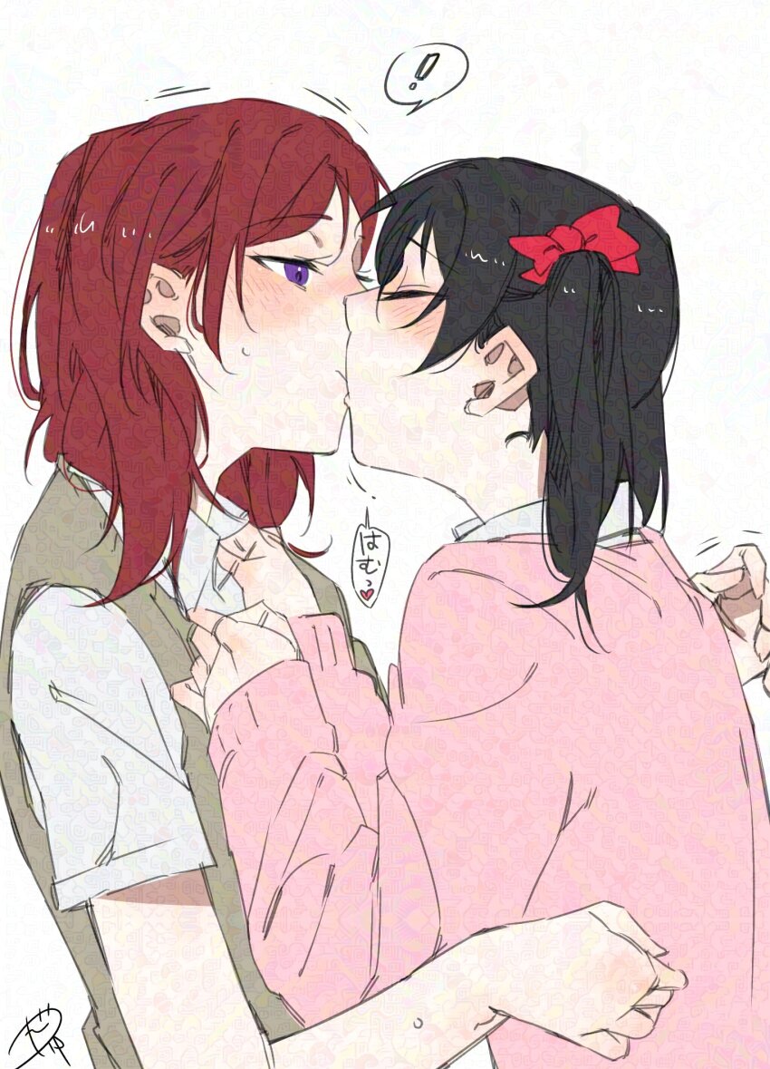 ! 2girls adversarial_noise black_hair blush bow closed_eyes clothes_grab collared_shirt commentary_request grey_sweater_vest hair_bow highres kiss long_hair long_sleeves love_live! love_live!_school_idol_project multiple_girls nishikino_maki pink_sweater purple_eyes red_bow red_hair shirt shirt_grab short_sleeves sleeves_past_wrists spoken_exclamation_mark surfacedxxc sweatdrop sweater sweater_vest twintails white_background white_shirt yazawa_nico yuri