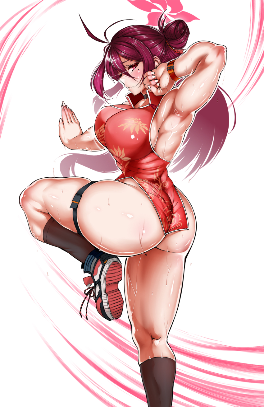 1girl arm_up armpits ass blue_archive blush bracelet breasts china_dress chinese_clothes dress hair_bun halo highres jewelry kneehighs large_breasts long_hair martial_arts mole mole_on_thigh mole_under_eye muscular muscular_female no_panties pelvic_curtain purple_hair red_eyes red_hair reijo_(blue_archive) shiriya shoes skindentation sneakers socks solo standing standing_on_one_leg sweat thick_thighs thigh_strap thighs