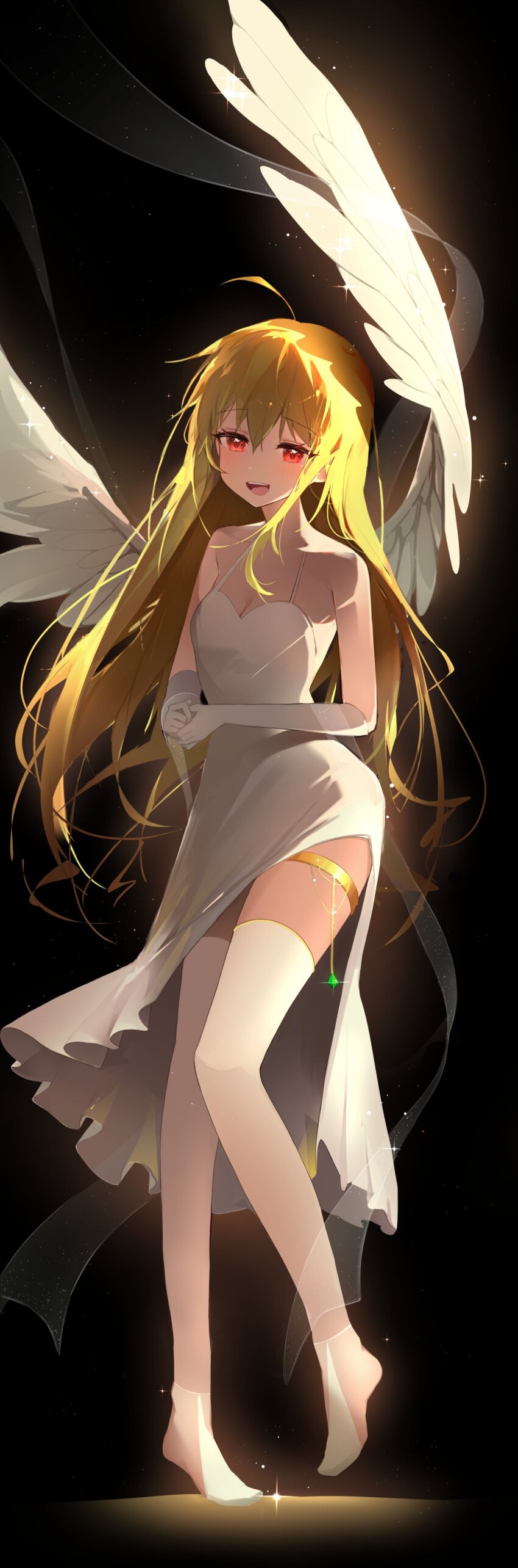 1girl absurdres angel_wings bare_shoulders black_background blonde_hair blush commentary_request cross_cutout crossed_legs detached_sleeves dress highres hiko_xd jingburger korean_commentary long_dress long_hair open_mouth red_eyes sleeveless sleeveless_dress solo sparkle thigh_strap thighhighs tiptoes very_long_hair virtual_youtuber waktaverse white_dress white_sleeves white_thighhighs wings