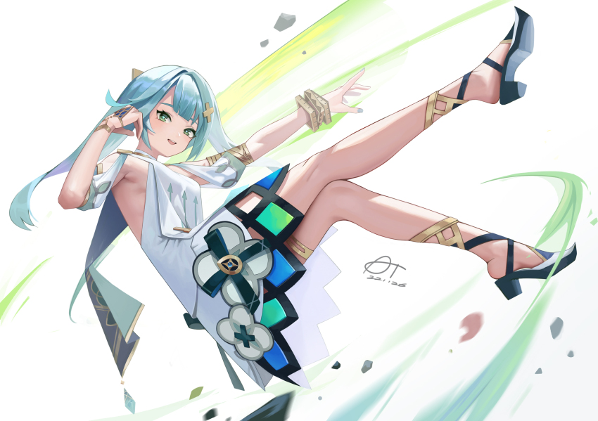 1girl aqua_hair aqua_nails arm_up armpits blunt_bangs bracelet breasts clothing_cutout dated dress faruzan_(genshin_impact) feet floating full_body genshin_impact gold_trim green_eyes hair_ornament high_heels highres jewelry knees_together_feet_apart legs long_hair looking_at_viewer motion_blur multicolored_clothes multicolored_dress nail_polish neck_ring outstretched_arm shoulder_cutout sideboob signature skindentation small_breasts solo symbol-shaped_pupils thighlet triangle-shaped_pupils ttt_(5274293) twintails white_background white_dress x_hair_ornament