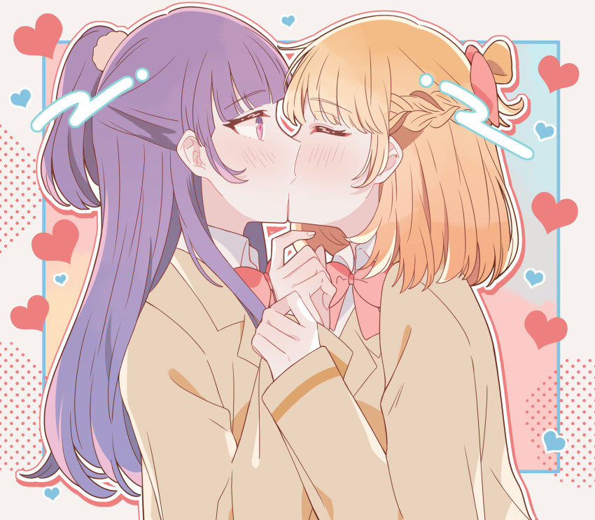 2girls absurdres asahina_mirai blonde_hair blue_background bow bowtie brown_jacket closed_eyes collared_shirt commentary_request commission from_side gradient_background half_up_braid heart highres holding_another&#039;s_wrist izayoi_liko jacket kiss kousaka_0v0 long_hair long_sleeves mahou_girls_precure! medium_hair multiple_girls pink_background pink_bow pink_bowtie pixiv_commission precure profile purple_eyes purple_hair shirt upper_body white_shirt yuri