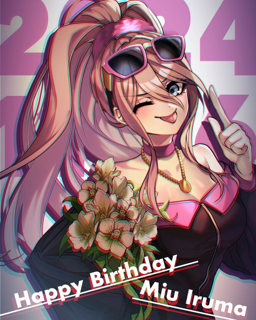 1girl ;p bare_shoulders black_dress blonde_hair breasts character_name danganronpa_(series) danganronpa_v3:_killing_harmony dress eyewear_on_head flower grey_eyes hair_between_eyes hair_ornament hair_scrunchie happy_birthday highres holding holding_flower index_finger_raised iruma_miu jewelry large_breasts long_hair long_sleeves necklace nota_sayaka official_alternate_costume one_eye_closed pink_scrunchie ponytail scrunchie smile solo tongue tongue_out white_background