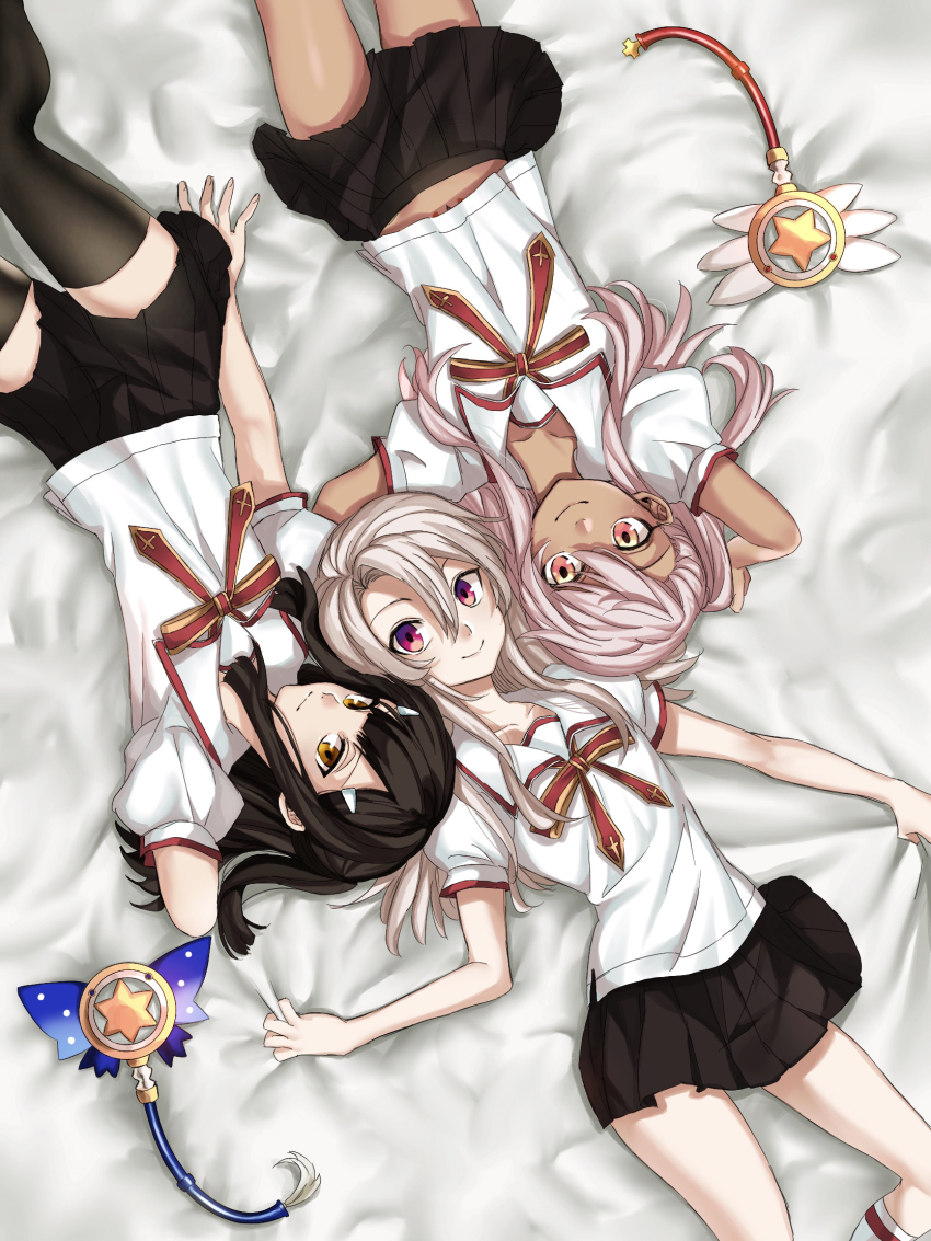 ameman arm_behind_head arms_behind_head bare_arms bed_sheet black_hair black_skirt black_thighhighs chloe_von_einzbern commentary dark-skinned_female dark_skin double-parted_bangs fate/kaleid_liner_prisma_illya fate_(series) from_above hair_between_eyes hair_ornament hairclip highres homurabara_academy_school_uniform illyasviel_von_einzbern kaleidostick long_hair looking_at_viewer lying magical_ruby magical_sapphire miyu_edelfelt on_back orange_eyes pink_hair puffy_short_sleeves puffy_sleeves red_eyes school_uniform sheet_grab shirt short_sleeves skirt smile thighhighs white_hair white_shirt yellow_eyes zettai_ryouiki