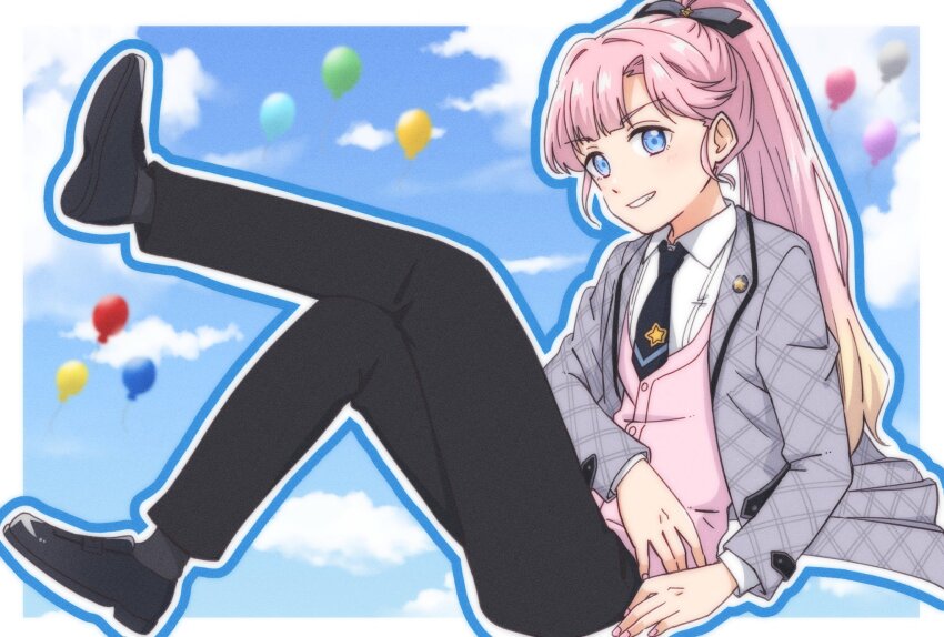 1girl :d anyoji_hime balloon black_footwear black_necktie black_pants black_ribbon black_socks blazer blonde_hair blue_eyes blue_outline blue_sky blunt_bangs border cardigan cloud collared_shirt commentary_request crossed_legs day donpa dress_shirt full_body gradient_hair grey_jacket grin hair_intakes hair_ribbon highres jacket joushou_kiryuu_(love_live!) knees_up leg_up link!_like!_love_live! loafers lone_nape_hair long_hair looking_at_viewer love_live! multicolored_hair necktie official_alternate_costume open_clothes open_jacket open_mouth outline outside_border pants pink_cardigan pink_hair ponytail ribbon school_uniform shirt shoes short_necktie sidelocks sky smile socks solo swept_bangs very_long_hair virtual_youtuber white_border white_shirt