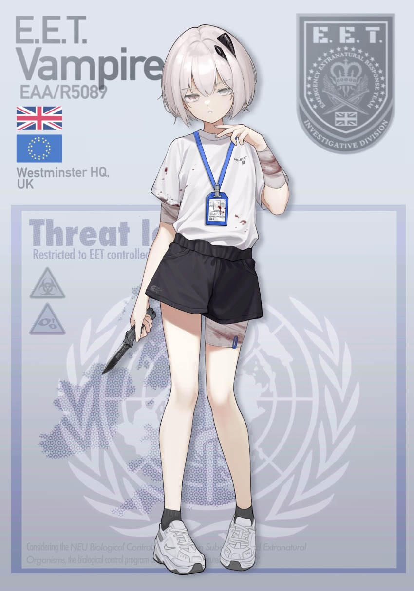 1girl absurdres ankle_socks bandaged_arm bandaged_leg bandages biohazard_symbol black_shorts black_socks blood blood_on_clothes bloody_bandages brand_name_imitation character_name child clothes_writing commentary dated english_commentary english_text european_union_flag fingernails frown full_body gradient_background grey_background grey_eyes grey_hair hair_ornament hand_up heterochromia highres holding holding_knife id_card jerry_wang knife lanyard nike_(company) open_mouth original paperclip pink_eyes shirt short_hair shorts sign signature simple_background socks solo standing teeth union_jack united_kingdom warning_sign white_hair white_shirt white_sneakers