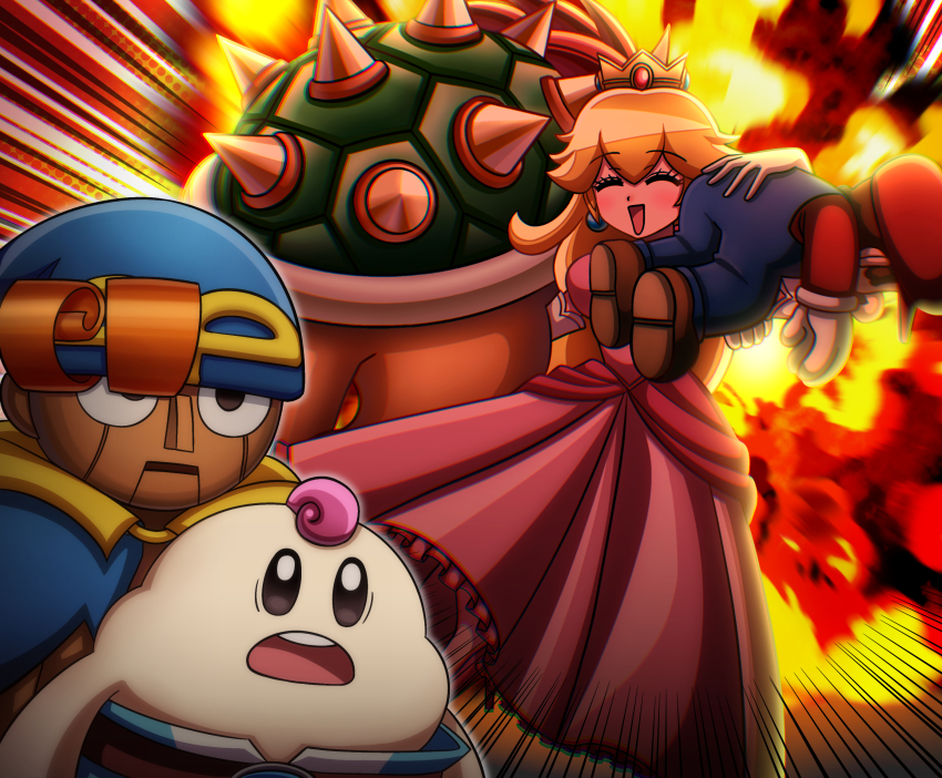 1girl 4boys blonde_hair blue_hat blue_overalls bowser brown_hair closed_eyes colored_skin commentary_request crown doll_joints dress explosion fire full_body furry furry_male geno_(mario) hat highres joints kusaremix long_dress long_hair looking_at_another mallow_(mario) mario mario_(series) multiple_boys nintendo open_mouth overalls princess_peach red_hat round_teeth short_hair smile spiked_shell super_mario_rpg teeth turtle_boy upper_teeth_only white_skin