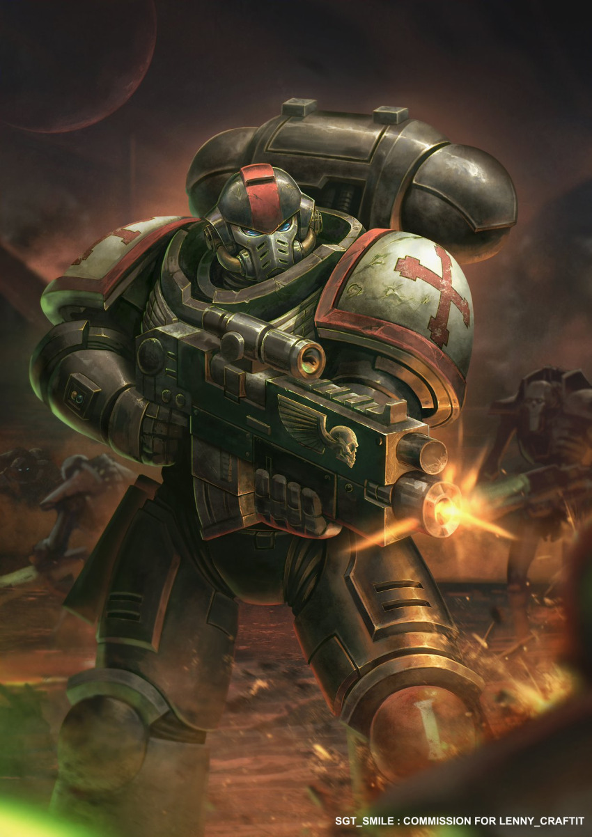 1boy adeptus_astartes armor artist_name bolter commission firing full_armor full_body gauntlets gun helmet highres holding holding_gun holding_weapon male_focus moon necron night night_sky outdoors pauldrons science_fiction sgt_lonely shoulder_armor sky solo standing warhammer_40k weapon