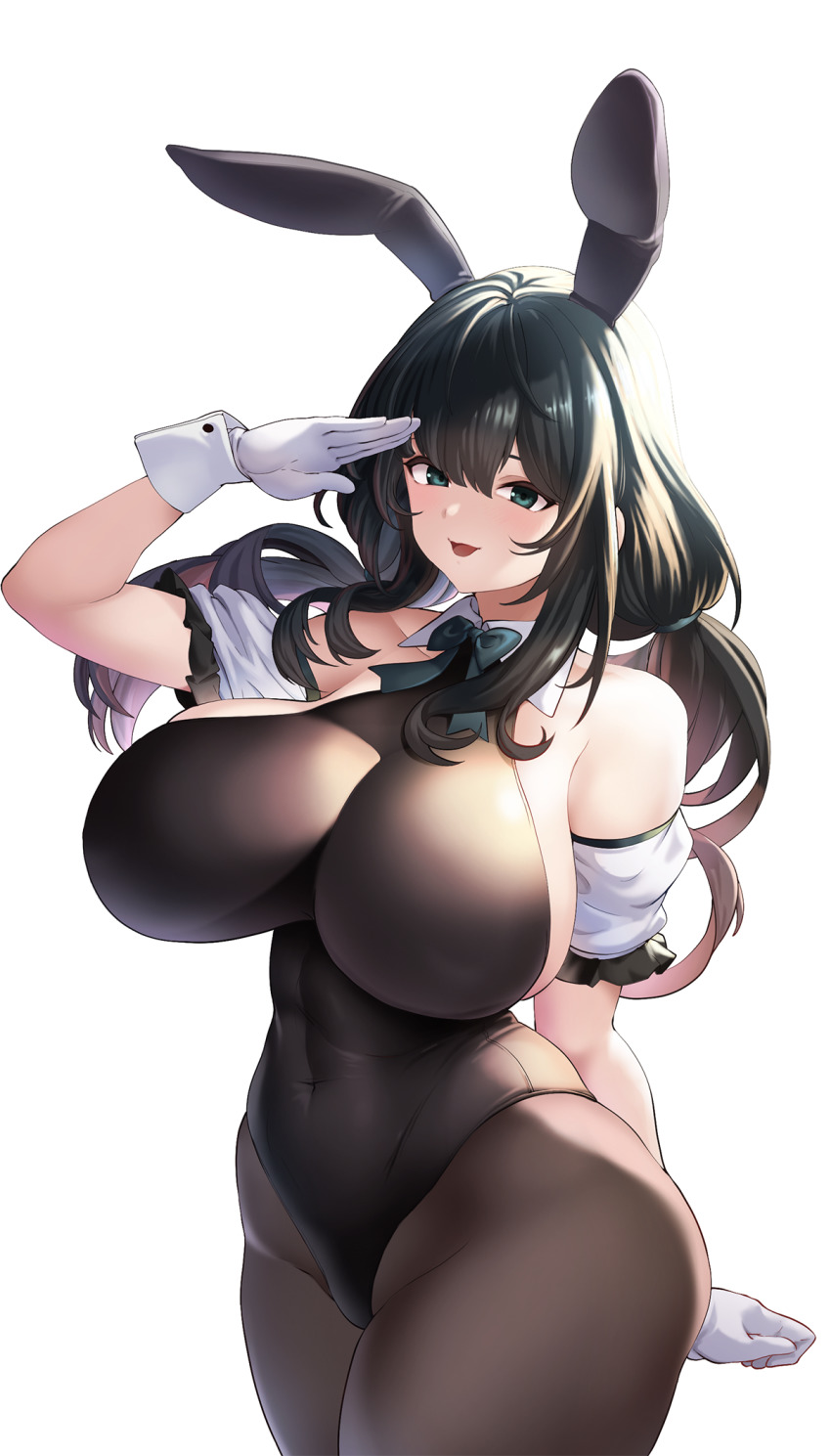 1girl animal_ears aqua_bow aqua_bowtie aqua_eyes arm_behind_back arm_up bare_shoulders black_hair black_leotard bow bowtie breasts brown_pantyhose commentary_request covered_navel cowboy_shot detached_collar detached_sleeves effort_star fake_animal_ears frilled_sleeves frills gloves hair_between_eyes halterneck highleg highleg_leotard highres huge_breasts leotard long_hair looking_at_viewer low_twintails open_mouth original pantyhose playboy_bunny rabbit_ears salute short_sleeves sideboob sidelocks simple_background smile solo standing thighs twintails white_background white_gloves wide_hips