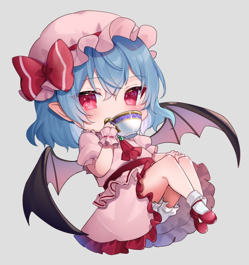 1girl ascot bat_wings blue_hair chibi cup dress full_body grey_background hat highres holding holding_cup looking_at_viewer mob_cap pink_dress pink_hat red_ascot red_eyes remilia_scarlet simple_background solo teacup touhou usushio vampire wings wrist_cuffs