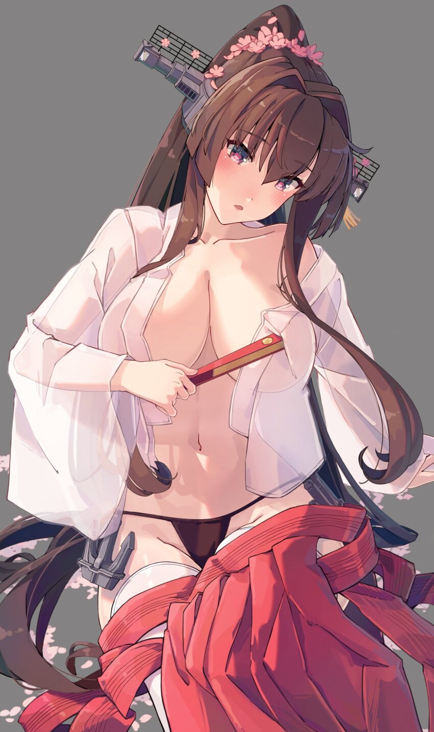 1girl absurdres black_panties breasts brown_hair cherry_blossoms flower folded_fan folding_fan grey_background hair_flower hair_intakes hair_ornament hakama hakama_skirt hand_fan headgear highres himeyamato holding holding_fan japanese_clothes kantai_collection kimono large_breasts long_hair miko navel no_bra open_clothes open_kimono panties ponytail red_eyes red_hakama sidelocks simple_background sitting skirt solo thighhighs underwear very_long_hair white_kimono white_thighhighs yamato_(kancolle)