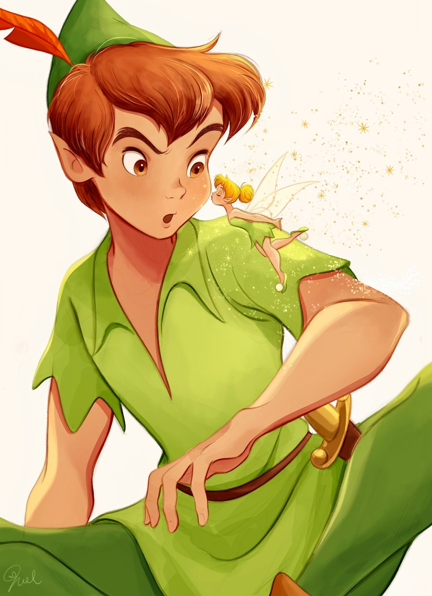 1boy 1girl blonde_hair brown_eyes brown_hair dress fairy fairy_wings green_dress green_hat green_pants green_tunic hat highres kiss kissing_cheek melchencanto mini_person minigirl pants peter_pan_(character) peter_pan_(disney) pointy_ears short_hair short_sleeves signature simple_background sitting strapless strapless_dress tinker_bell_(disney) tunic updo white_background wings