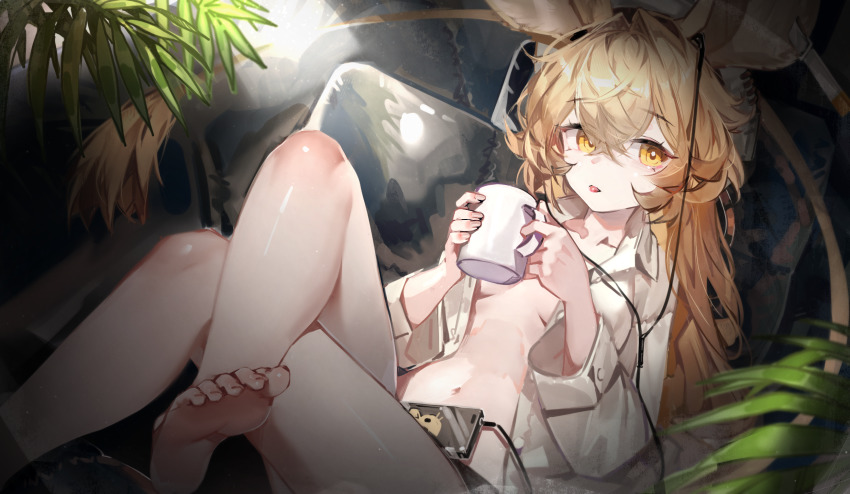 1girl animal_ears arknights bare_legs barefoot blonde_hair commentary crossed_legs cup dorothy_(arknights) foot_out_of_frame hair_between_eyes highres holding holding_cup long_hair looking_at_viewer mug navel open_clothes open_shirt parted_lips plant ribiadan shirt sitting solo stomach thighs white_shirt yellow_eyes