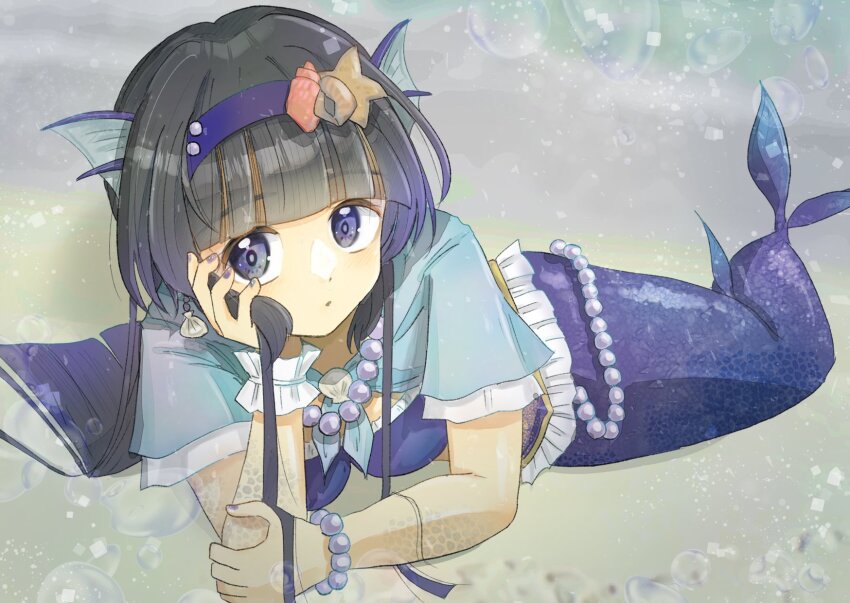 1girl 1gvk7ftr3268550 black_hair earrings fins hand_on_own_face head_fins headband highres jewelry long_hair looking_at_viewer lying mermaid monster_girl multicolored_hair necklace on_side original pearl_necklace purple_eyes purple_hair scales seashell shawl shell shell_earrings shell_hair_ornament solo two-tone_hair