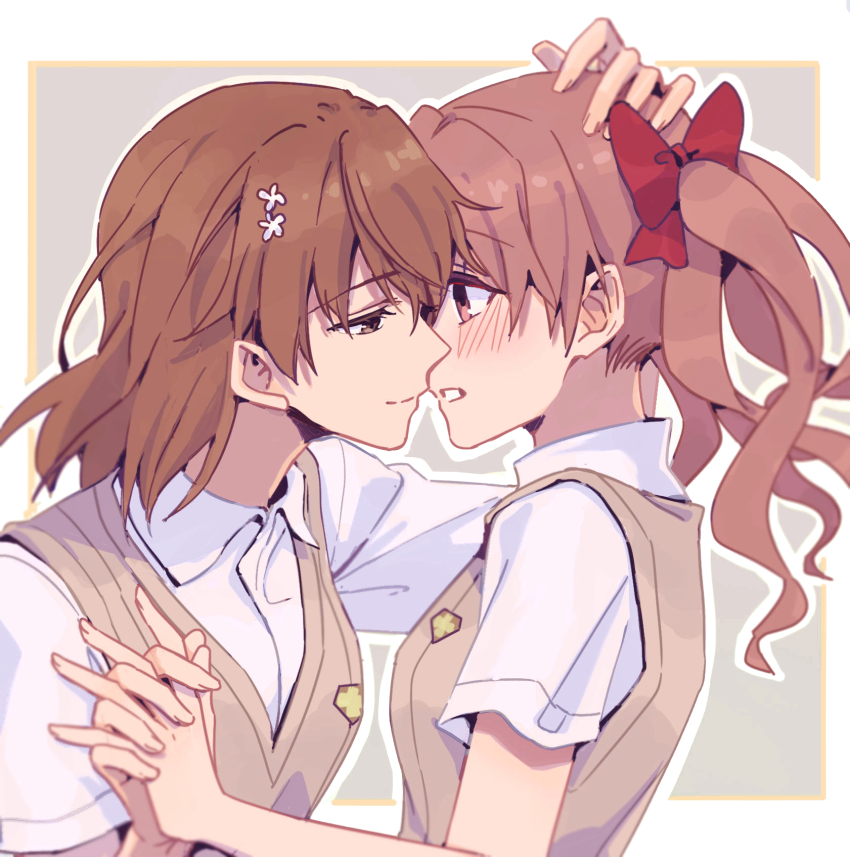 2girls blush bow brown_eyes brown_hair flower grey_background hair_flower hair_ornament hand_grab hand_on_another&#039;s_head highres huakuiliehuo imminent_kiss looking_at_another misaka_mikoto multiple_girls red_bow school_uniform shirai_kuroko short_twintails simple_background smile teeth toaru_majutsu_no_index tokiwadai_school_uniform twintails white_background yuri