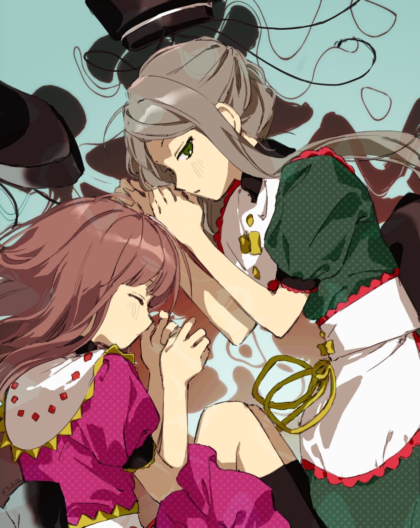 2girls black_hat brown_hair dress green_dress green_eyes hat highres kaigen_1025 lying multiple_girls nishida_satono pink_dress sleeping teireida_mai touhou