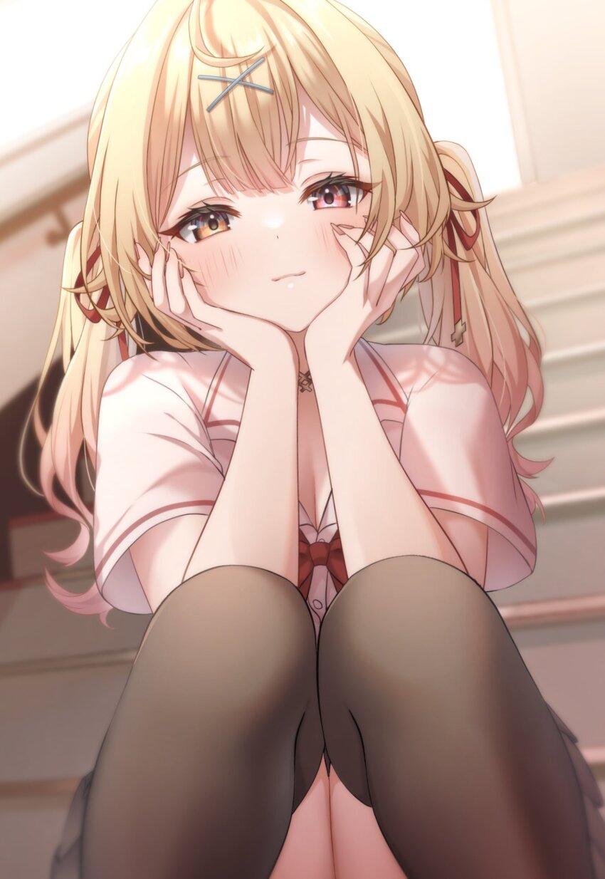 1girl black_thighhighs blonde_hair blurry blurry_background blush bow bowtie breasts cleavage closed_mouth collared_shirt commentary_request fingernails hair_ornament hair_ribbon hands_on_own_face heterochromia highres hoshikawa_sara hoshikawa_sara_(4th_costume) knees_together_feet_apart knees_up long_hair looking_at_viewer meme_(mm_ta_mm) nijisanji official_alternate_costume official_alternate_hairstyle red_bow red_bowtie red_eyes red_ribbon ribbon shirt short_sleeves sitting sitting_on_stairs smile solo stairs thighhighs twintails virtual_youtuber white_shirt x_hair_ornament yellow_eyes