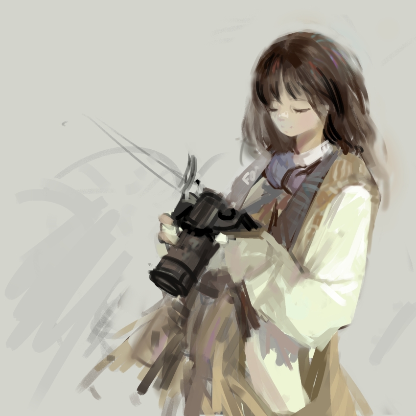 16bsketch9 1girl brown_dress brown_hair camera dress grey_background headphones highres holding holding_camera long_hair long_sleeves original painterly solo