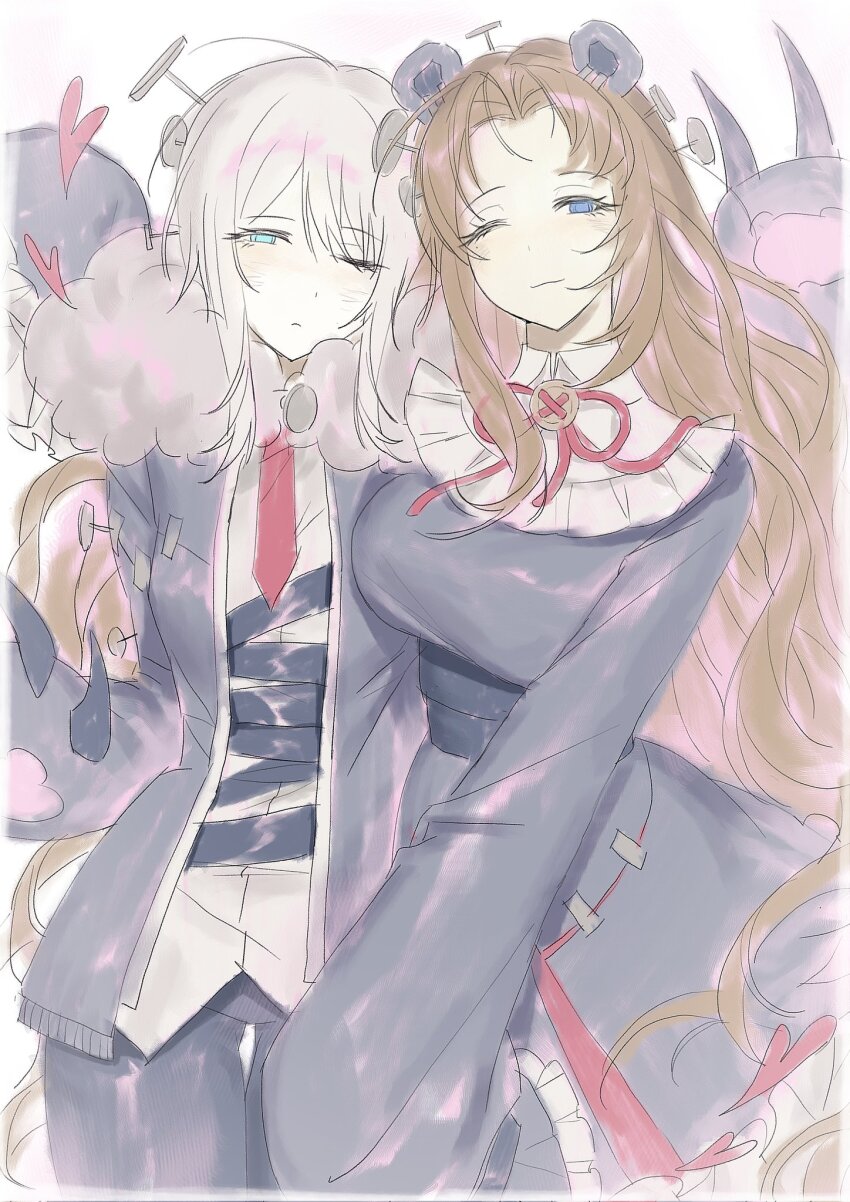 2girls animal_ears bear_ears belt_around_waist black_pants blue_eyes blush breasts brown_hair buttons claws cowboy_shot curtained_hair dress e.g.o_(project_moon) faust_(project_moon) frilled_jacket frills fur-trimmed_jacket fur_trim grey_dress grey_jacket hair_intakes hair_ornament heart hex_nail_(e.g.o) high_collar highres jacket large_breasts limbus_company long_hair looking_at_viewer medium_hair multiple_girls nail_(hardware) neck_ribbon necktie one_eye_closed pants parted_bangs project_moon red_necktie ribbon rodion_(project_moon) shirt simple_background small_breasts smile stitches u87654321111111 very_long_hair white_background white_hair white_shirt wispy_bangs