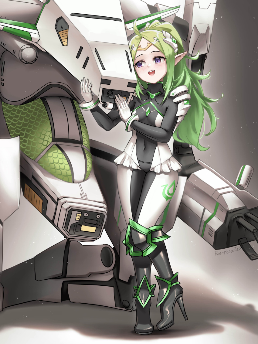 1girl absurdres boots burnt_green_tea circlet fire_emblem fire_emblem_awakening gloves green_hair high_heel_boots high_heels highres long_hair mecha navel nintendo nowi_(fire_emblem) pigeon-toed plugsuit purple_eyes robot white_gloves