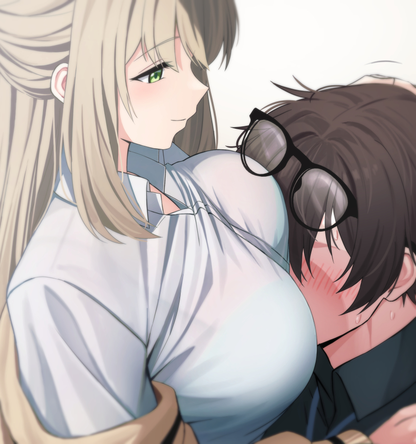 1boy 1girl absurdres black-framed_eyewear black_shirt blonde_hair blue_archive blush bra_visible_through_clothes breast_rest breasts breasts_on_head brown_hair dress_shirt eyewear_on_head faceless faceless_male glasses hetero highres junu_(jwoo5627) large_breasts light_brown_hair long_hair looking_at_another nonomi_(blue_archive) sensei_(blue_archive) shirt simple_background smile sweatdrop upper_body white_shirt