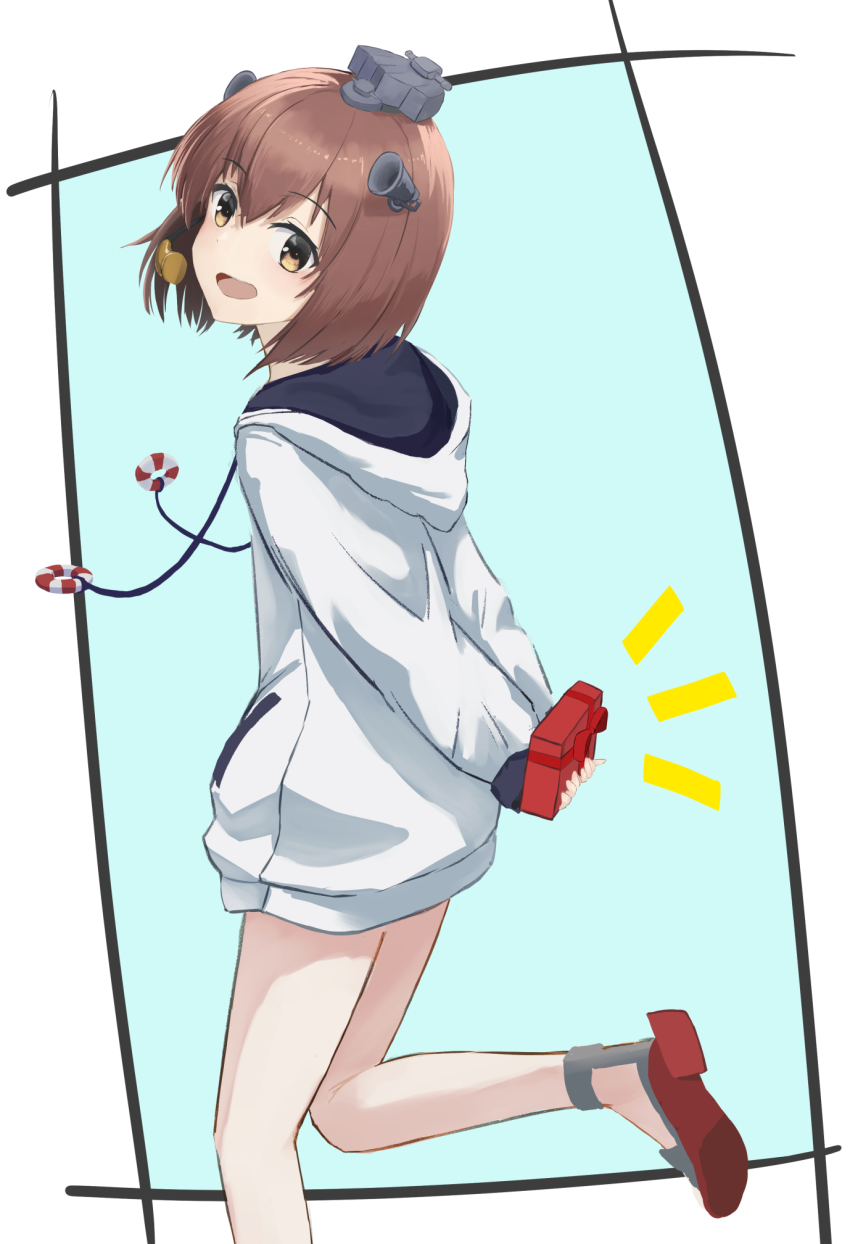 1girl blush box brown_eyes brown_hair foot_out_of_frame gift gift_box hair_between_eyes highres holding holding_gift hood hoodie kantai_collection long_sleeves open_mouth short_hair smile solo white_hoodie yuki_4040 yukikaze_(kancolle)