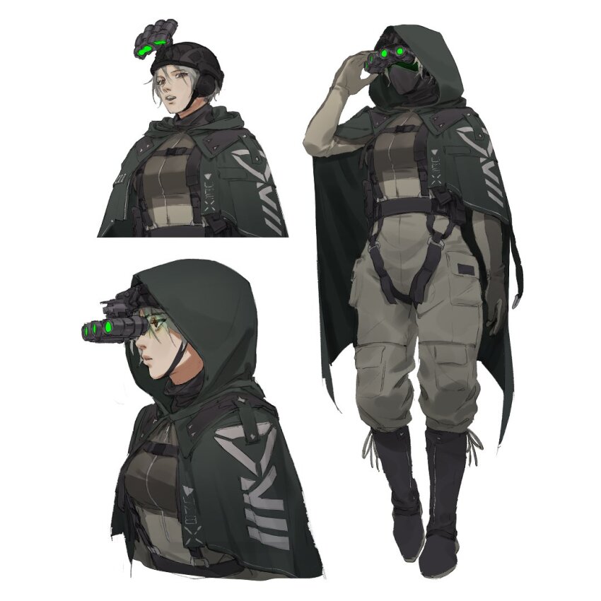 1girl boots cloak gloves goggles goggles_on_headwear green_cloak green_hood grey_hair headset helmet hood hooded_cloak jumpsuit mask military_uniform mouth_mask night_vision_device original solo umber white_background