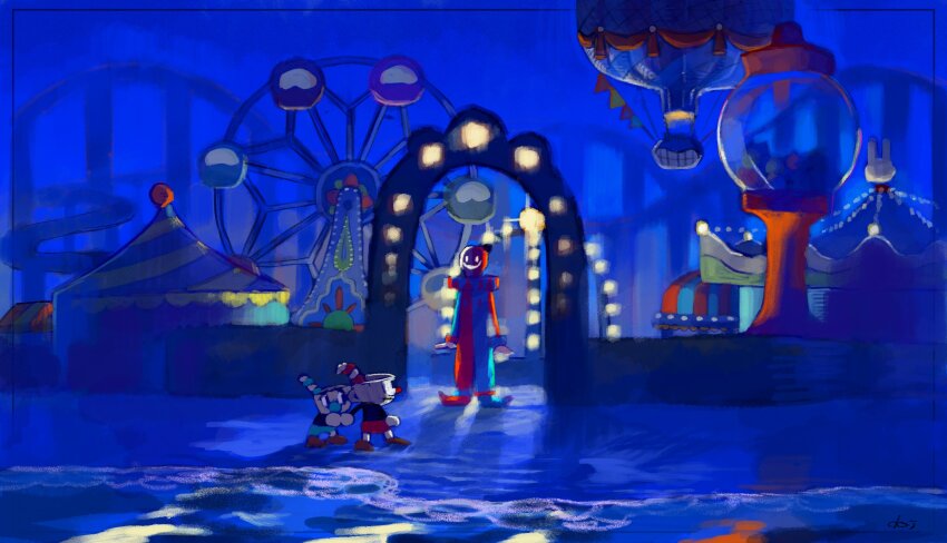 3boys aircraft beach beppi_the_clown carnival carousel circus_tent clown cuphead cuphead_(game) doi_m2000 drinking_straw ferris_wheel gumball_machine harlequin hat highres holding_hands hot_air_balloon male_focus menacing mugman multiple_boys night outdoors reflection roller_coaster scared scenery short_hair shorts standing water window