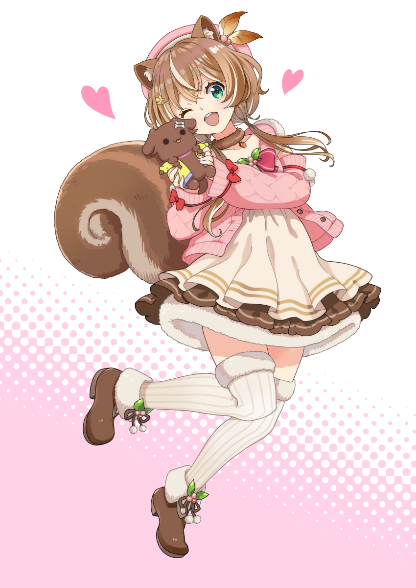 1girl :d absurdres akitsu_mikami animal_ear_fluff animal_ears ayunda_risu ayunda_risu_(1st_costume) beret boots bow bowtie brown_choker brown_footwear brown_hair brown_skirt cable_knit cardigan choker choppy_bangs detached_sleeves dog dress empire_waist full_body fur-trimmed_boots fur-trimmed_thighhighs fur_choker fur_trim green_eyes hair_ornament hair_over_shoulder hairclip hashtag-only_commentary hat heart highres holding holding_stuffed_toy hololive hololive_indonesia hood hooded_cardigan inugami_korone inugami_korone_(dog) leaf_hair_ornament long_hair low_twintails miniskirt multicolored_hair one_eye_closed open_mouth pink_cardigan pink_hat pleated_dress pleated_skirt pom_pom_(clothes) red_bow red_bowtie short_dress skirt skirt_under_dress smile solo squirrel_ears squirrel_girl squirrel_tail standing standing_on_one_leg streaked_hair striped_clothes striped_thighhighs stuffed_toy tail teeth thighhighs twintails upper_teeth_only vertical-striped_clothes vertical-striped_thighhighs virtual_youtuber white_dress white_hair white_thighhighs