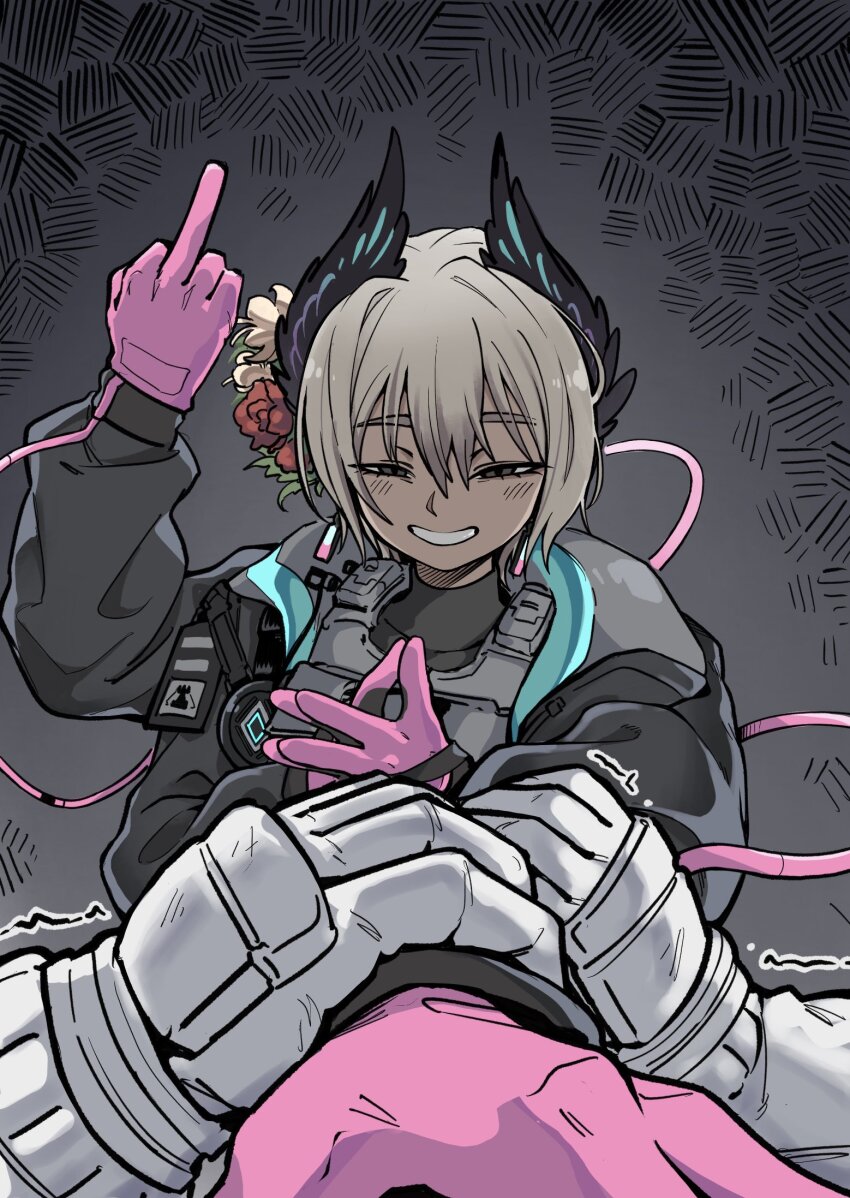 1girl 1other arknights bird_girl black_feathers blush commentary d-flag_shelter english_commentary extra_arms feathers gloves grey_hair grin hair_between_eyes head_wings highres looking_at_viewer middle_finger pink_gloves pov raidian_(arknights) short_hair smile strangling unusually_open_eyes wings