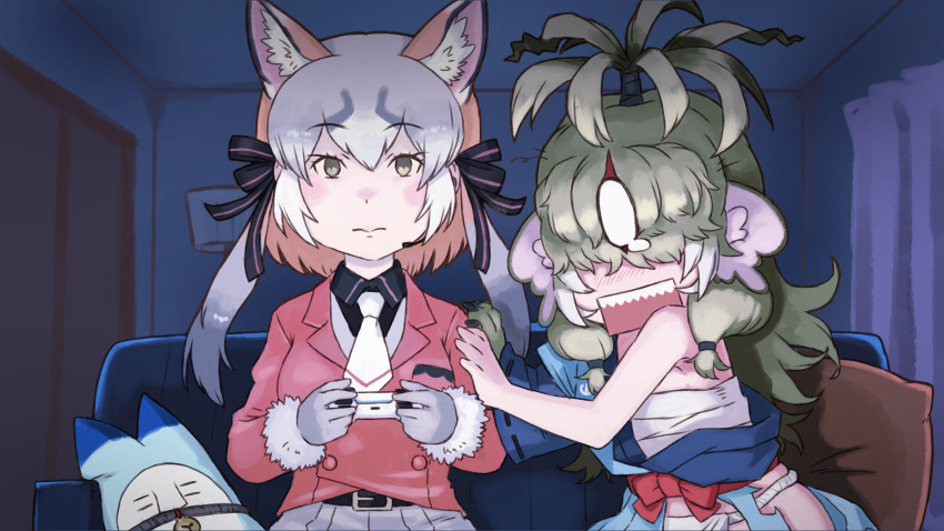 2girls absurdres animal_ear_fluff animal_ears bare_shoulders belt blue_kimono brown_hair claws controller couch extra_ears fox_ears fox_girl fundoshi game_controller gloves green_hair grey_hair hair_over_eyes highres island_fox_(kemono_friends) jacket japanese_clothes kemono_friends kemono_friends_3 kemono_friends_v_project kimono long_hair lucky_beast_(kemono_friends) microphone multiple_girls necktie nichijou parody ribbon robot sanmoto_gorozaemon_(kemono_friends) sarashi shirt skirt tears toriny twintails virtual_youtuber yellow_eyes