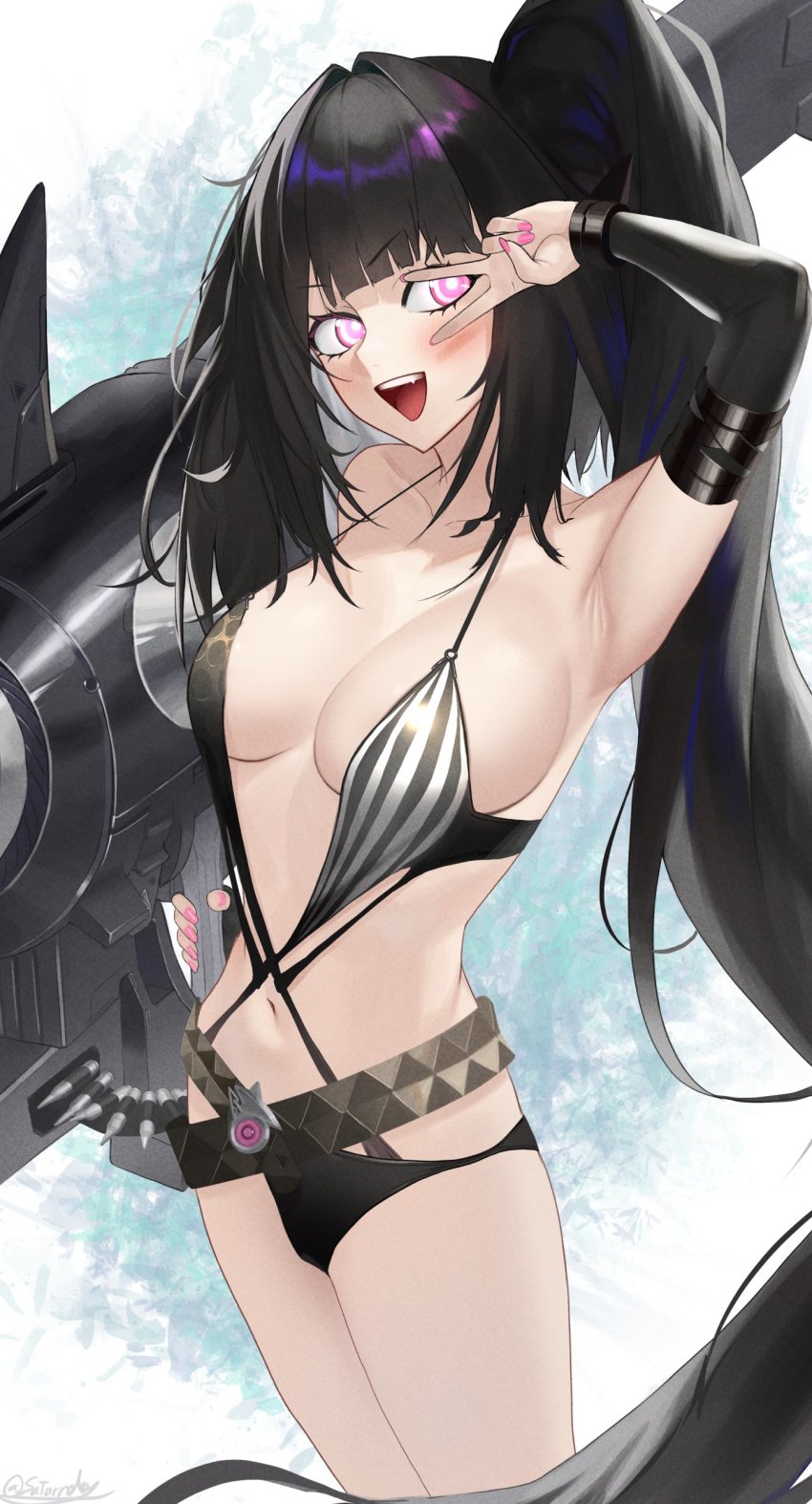 1girl absurdres architect_(girls&#039;_frontline) architect_(nvw_model)_(girls&#039;_frontline) architect_(type_nvw)_(girls&#039;_frontline) arm_up arm_warmers armpits belt bikini black_hair black_one-piece_swimsuit blue_eyes breasts cleavage cowboy_shot girls&#039;_frontline halterneck highres holding holding_weapon long_hair medium_breasts nail_polish one-piece_swimsuit one_side_up rocket_launcher sangvis_ferri saturndxy simple_background swimsuit v v_over_eye weapon