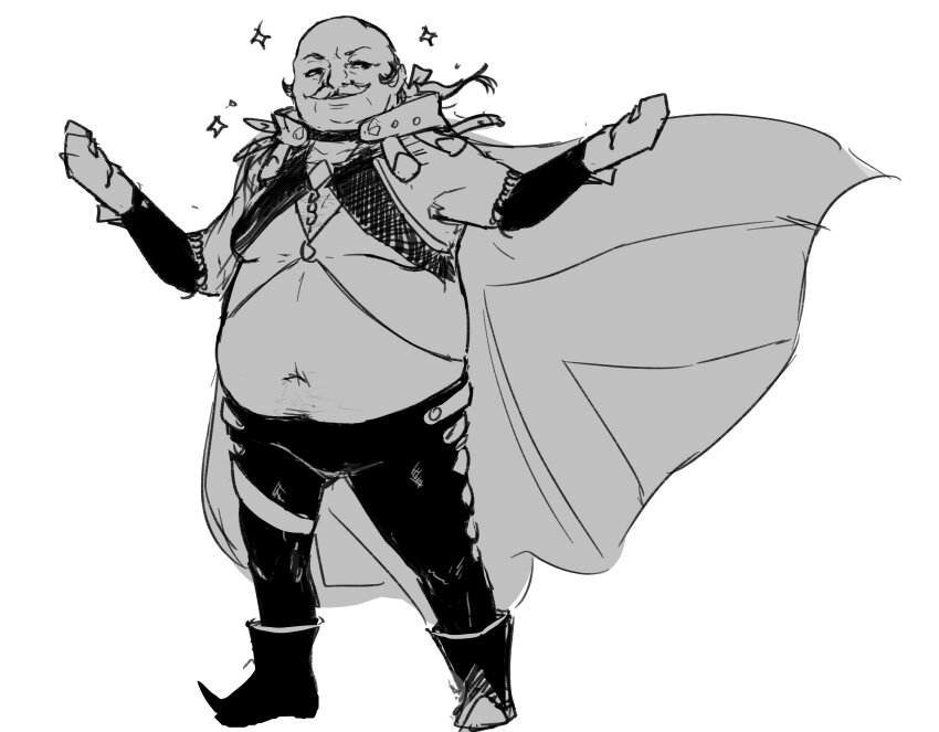 1boy absurdres alternate_costume asymmetrical_clothes asymmetrical_pants bald bald_spot balding black_bridal_gauntlets black_pants bridal_gauntlets clothing_cutout cm_lynarc crop_top facial_hair fat fat_man fire_emblem fire_emblem:_path_of_radiance fire_emblem:_radiant_dawn fire_emblem_engage highres leg_cutout male_focus midriff mustache navel nintendo oliver_(fire_emblem) pants sage_outfit_(fire_emblem_engage) single_pantsleg stomach