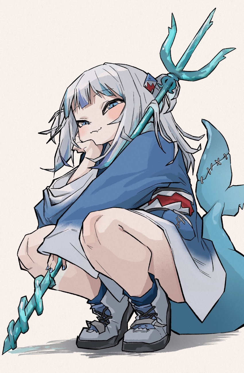 1girl absurdres bare_legs blue_eyes blush fang fins fish_tail gawr_gura gawr_gura_(1st_costume) hair_ornament head_on_hand highres holding_trident hololive hololive_english hood hoodie looking_at_viewer medium_hair shark_girl shark_hair_ornament shark_tail skin_fang squatting squinting stitched_tail tail virtual_youtuber white_background white_hair white_sneakers yuhiharuka