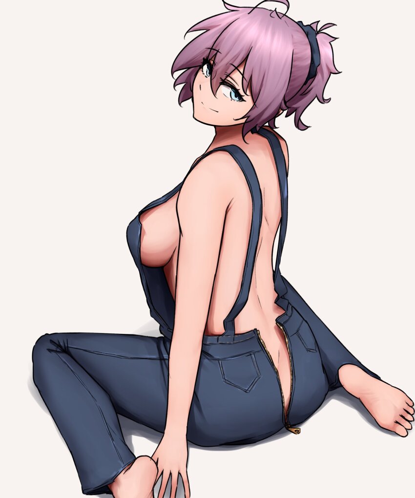 1girl ahoge alternate_costume aoba_(kancolle) barefoot breasts from_behind green_eyes highres ikadamo kantai_collection looking_at_viewer medium_breasts messy_hair naked_overalls overalls purple_hair short_hair simple_background sitting solo unzipped wariza white_background