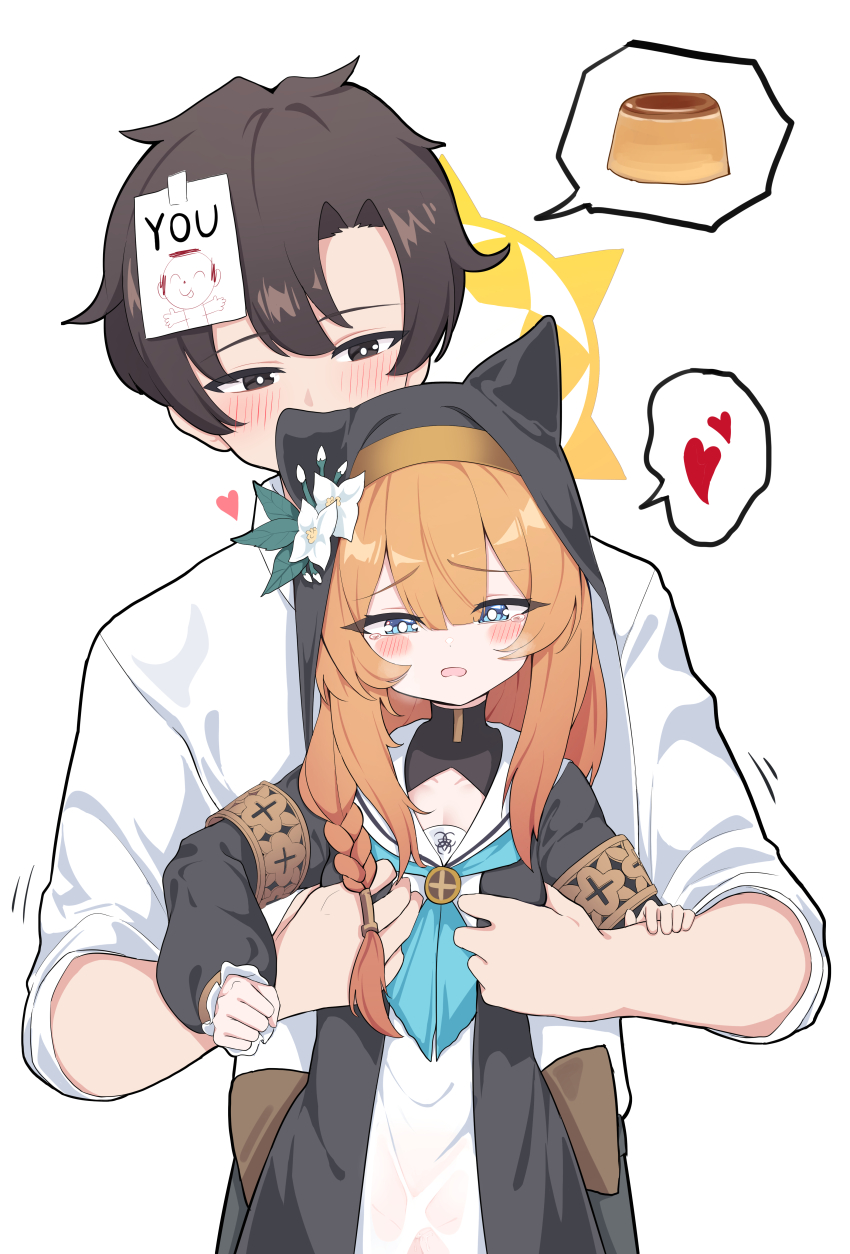 1boy 1girl absurdres animal_ear_headwear animal_ears black_pantyhose blue_archive blue_eyes blush braid brown_hair coif collared_shirt commentary_request doodle_sensei_(blue_archive) fake_animal_ears flower food grabbing_another&#039;s_breast gro_(lee145879) groping habit hair_between_eyes hair_flower hair_ornament halo heart height_difference highres long_hair long_sleeves mari_(blue_archive) nun open_mouth orange_hair pantyhose petite pudding sailor_collar sensei_(blue_archive) shirt short_hair simple_background speech_bubble spoken_heart straight-on white_background white_flower white_sailor_collar white_shirt yellow_halo