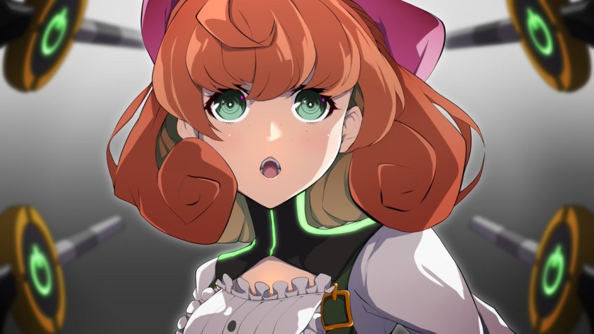 1girl frilled_shirt_collar frills gradient_background green_eyes grey_background hair_ribbon light_blush looking_at_viewer medium_hair open_mouth orange_hair pakotaroh penny_polendina pink_ribbon power_symbol ribbon rwby solo turtleneck upper_body