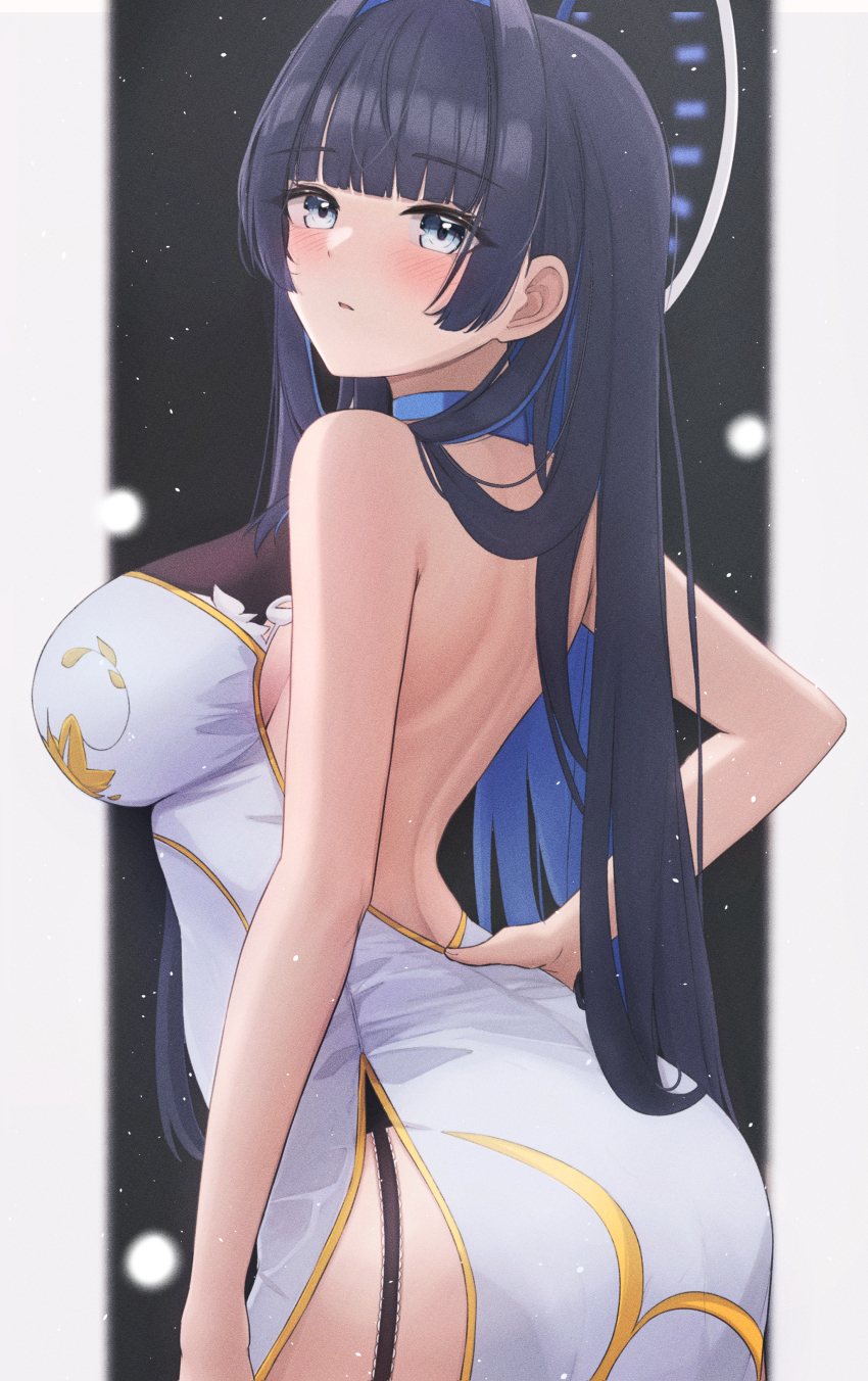 1girl absurdres alternate_costume ass backless_dress backless_outfit bare_shoulders black_hair blue_choker blue_eyes blue_hair blunt_bangs blush breasts china_dress chinese_clothes choker colored_inner_hair dress garter_straps gold_trim hair_intakes halo hand_on_own_hip highres hololive hololive_english large_breasts long_hair looking_at_viewer looking_back mofu07519 multicolored_hair official_alternate_hair_length official_alternate_hairstyle ouro_kronii parted_lips solo straight_hair two-tone_hair very_long_hair virtual_youtuber white_dress