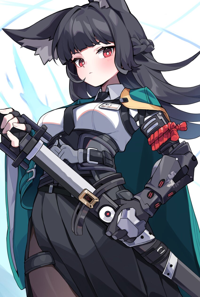 1girl absurdres animal_ear_fluff animal_ears black_gloves black_necktie black_pantyhose black_skirt blunt_bangs closed_mouth cowboy_shot dress_shirt fingerless_gloves fingernails fox_ears fox_girl gauntlets gloves green_jacket high-waist_skirt highres holding holding_sword holding_weapon hoshimi_miyabi jacket katana light_blush long_hair looking_at_viewer necktie pantyhose shirt sidelocks single_fingerless_glove skirt solo sword wang0424 weapon white_shirt zenless_zone_zero