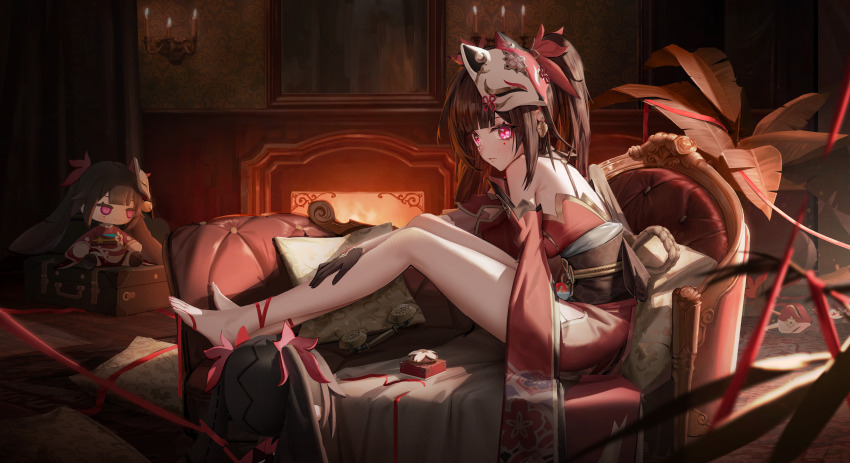 absurdres bare_shoulders barefoot blunt_bangs breasts brown_gloves brown_hair brown_sash candlelight character_doll chinese_commentary commentary_request cotta_(heleif) couch detached_sleeves feet fireplace floral_print fox_mask framed gloves hair_ornament highres honkai:_star_rail honkai_(series) indoors japanese_clothes leaning_forward legs long_hair long_sleeves looking_at_viewer mask mask_on_head mole mole_under_eye obi on_couch parted_lips phone pillow pink_eyes plant push-button sash sidelocks sitting solo sparkle_(honkai:_star_rail) suitcase twintails wallpaper_(object) wide_sleeves