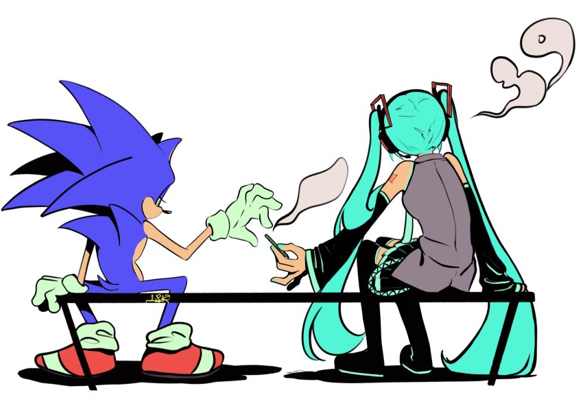 1boy 1girl 39 animal_ears animal_nose aqua_hair aqua_nails commentary company_connection crossover detached_sleeves english_commentary from_behind furry furry_male giving gloves goodluckdori hatsune_miku highres holding joint_(drug) long_hair red_footwear shoes simple_background sitting skirt smoke smoking sonic_(series) sonic_the_hedgehog tail thighhighs twintails very_long_hair vocaloid white_background white_gloves