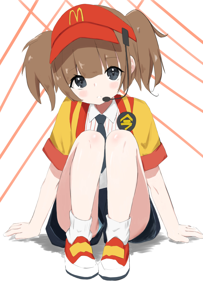 1girl absurdres black_eyes black_necktie blue_panties blue_shorts blush_stickers brown_hair imadake_dabuchi_tabemi eyebrows_hidden_by_hair fast_food flat_chest full_body hair_between_eyes hands_on_floor headset highres knees_up looking_at_viewer mcdonald&#039;s necktie open_mouth panties pantyshot shirt shoes short_twintails shorts simple_background sitting sneakers solo striped_clothes striped_shirt twintails underwear upshorts user_wmse7527 visor_cap white_background white_shirt