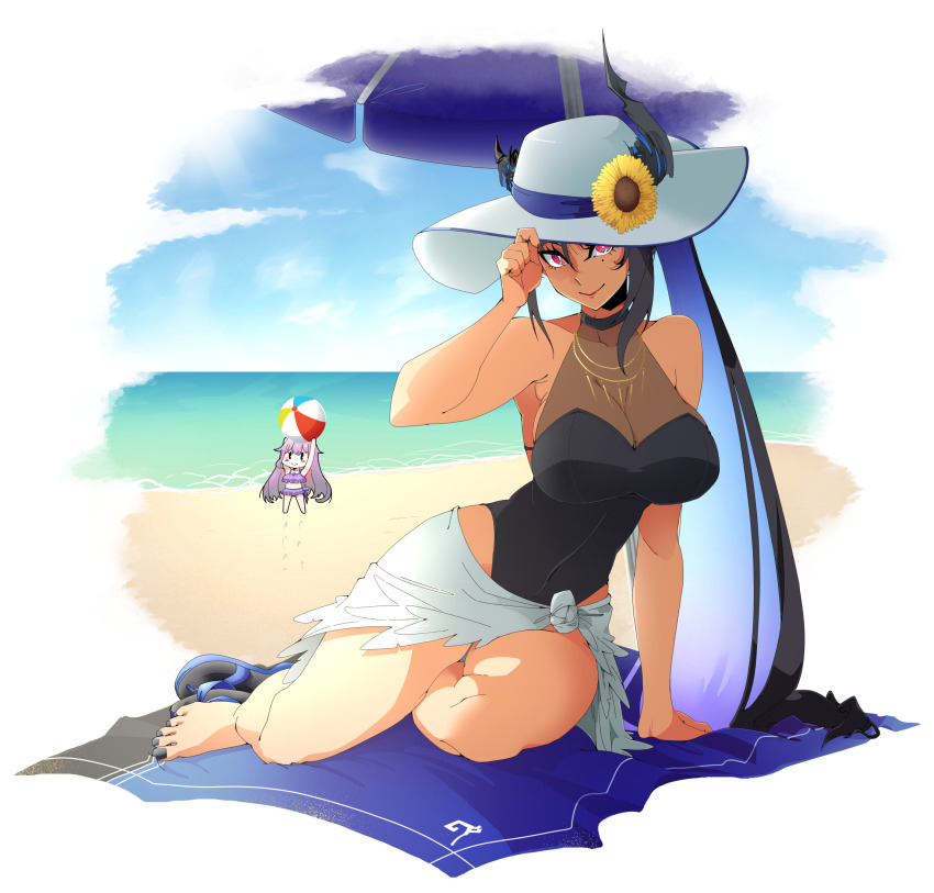 2girls armpits ball barefoot beach beach_towel beach_umbrella beachball bikini black_hair black_nails black_one-piece_swimsuit black_toenails blue_hair blue_sky blush_stickers breasts broken_horn chibi cleavage cloud demon_horns feet flip-flops flower footprints gold_necklace grey_hair hat highres hololive hololive_advent hololive_english horns jewelry joeboto koseki_bijou large_breasts long_hair looking_at_viewer mole mole_under_eye multicolored_hair multiple_girls necklace nerissa_ravencroft ocean on_ground one-piece_swimsuit ponytail purple_bikini red_eyes sand sandals sarong shade shaded_face sky smile sun_hat sunflower swimsuit thick_thighs thighs toenails toes towel umbrella unworn_sandals very_long_hair virtual_youtuber white_hat