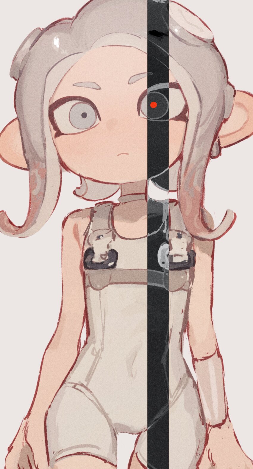 1girl absurdres agent_8_(splatoon) bodysuit brown_hair closed_mouth covered_navel cowboy_shot gradient_hair grey_eyes grey_hair highres medium_hair multicolored_hair negative nintendo octoling octoling_girl octoling_player_character s_ototonhap simple_background sleeveless sleeveless_bodysuit solo splatoon_(series) splatoon_3 splatoon_3:_side_order standing tentacle_hair two-tone_hair white_background white_bodysuit