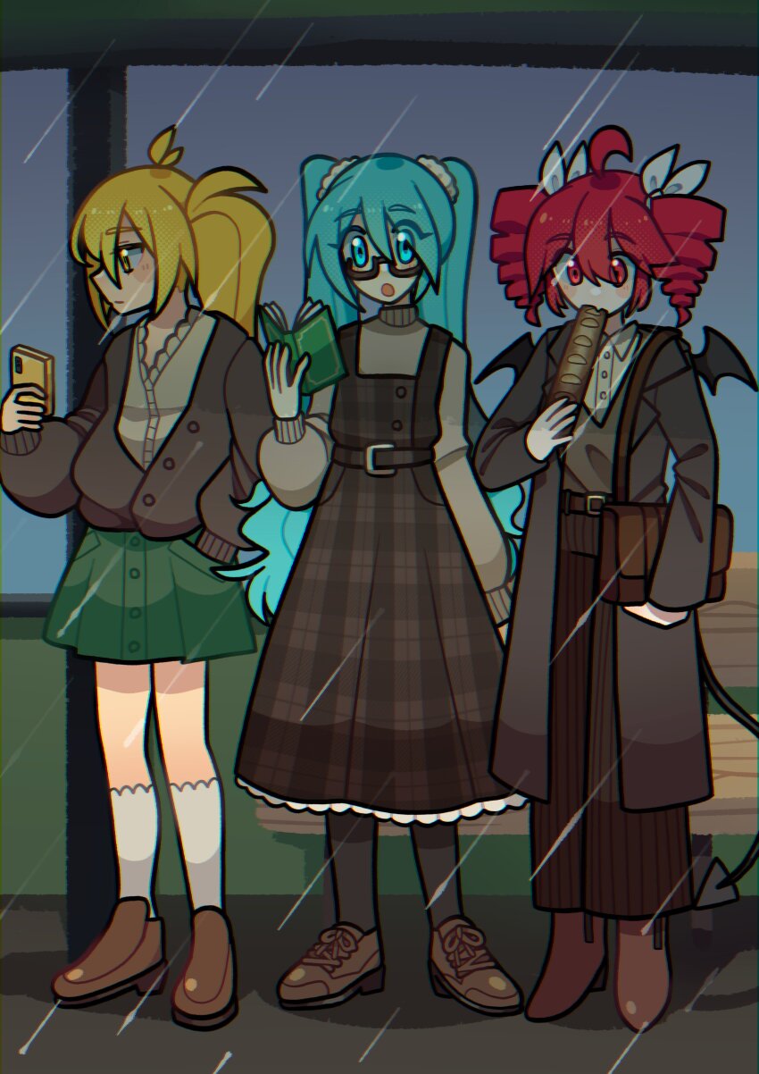 3girls absurdres ahoge akita_neru aqua_eyes aqua_hair baguette belt black-framed_eyewear black_coat black_pantyhose blonde_hair book bread brown_bag brown_belt brown_cardigan brown_dress brown_footwear brown_pants cardigan chromatic_aberration coat collared_shirt commentary dress drill_hair english_commentary filthsama food full_body glasses green_skirt hair_between_eyes hand_in_pocket hatsune_miku highres holding holding_book holding_food holding_phone kasane_teto lapels long_hair multiple_girls notched_lapels pants pantyhose phone ponytail rain red_eyes red_hair semi-rimless_eyewear shirt shoelaces shoes skirt socks standing striped_clothes striped_pants sweater tail twin_drills twintails utau very_long_hair vocaloid white_shirt white_socks white_sweater wings yellow_eyes