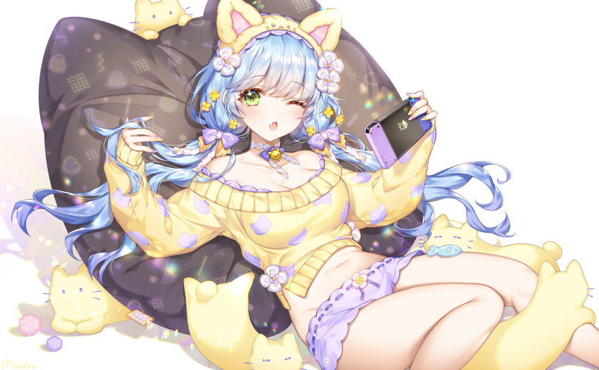 1girl animal_ear_hairband animal_ears bare_shoulders blue_hair blush breasts cat cat_day collarbone commission cushion fake_animal_ears fang flower green_eyes hair_flower hair_ornament hairband highres holding long_hair long_sleeves looking_at_viewer low_twintails lying medium_breasts munlu_(wolupus) navel off-shoulder_sweater off_shoulder one_eye_closed original short_shorts shorts skeb_commission sleeves_past_wrists solo sweater twintails yellow_sweater