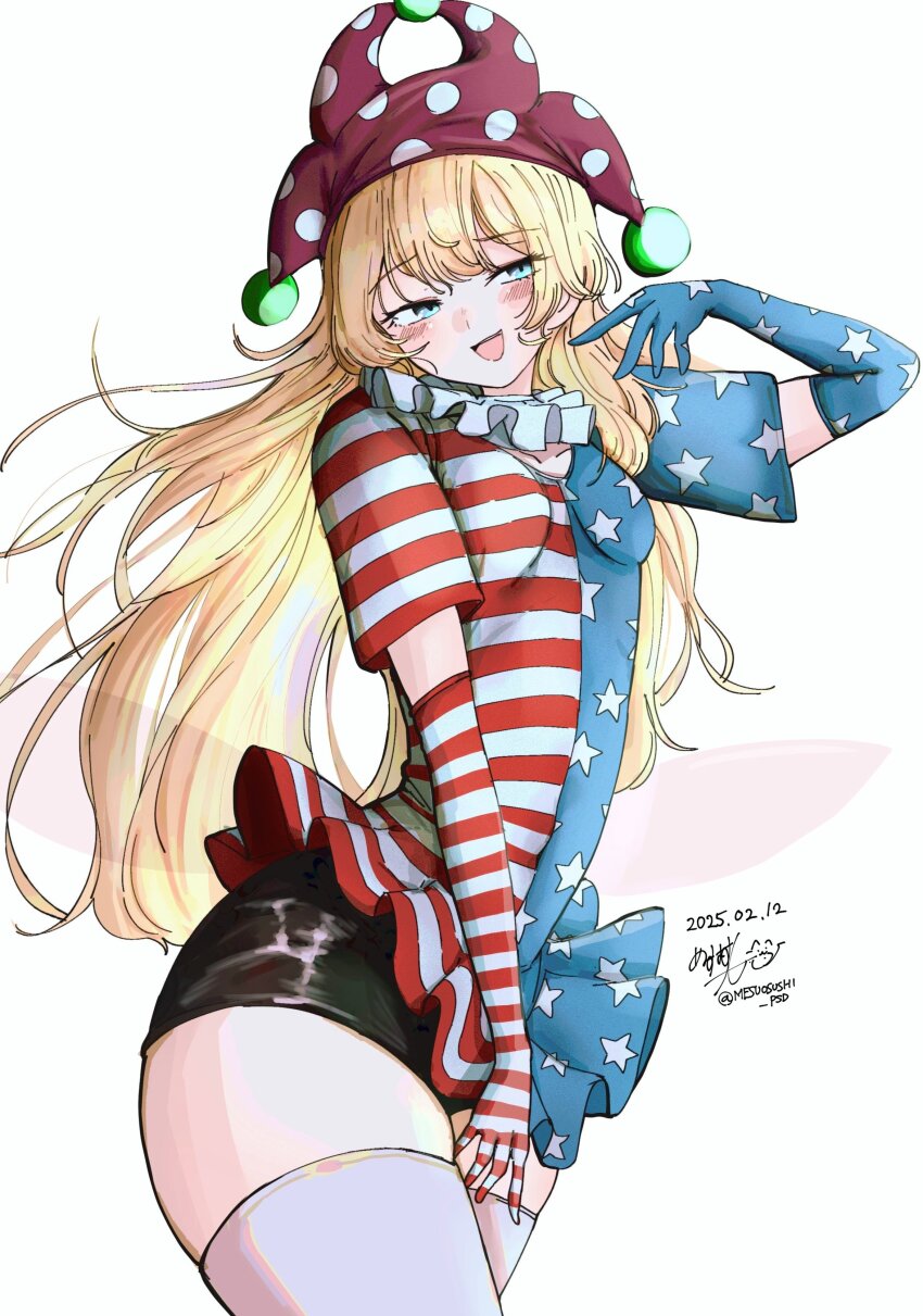 1girl :d absurdres alternate_eye_color american_flag_dress black_shorts blonde_hair blue_eyes blush clownpiece commentary dated elbow_gloves gloves grey_thighhighs hat highres jester_cap long_hair looking_at_viewer mesuosushi open_mouth polka_dot polka_dot_background short_sleeves shorts signature simple_background smile solo star_(symbol) star_print symbol-only_commentary thighhighs touhou white_background wings