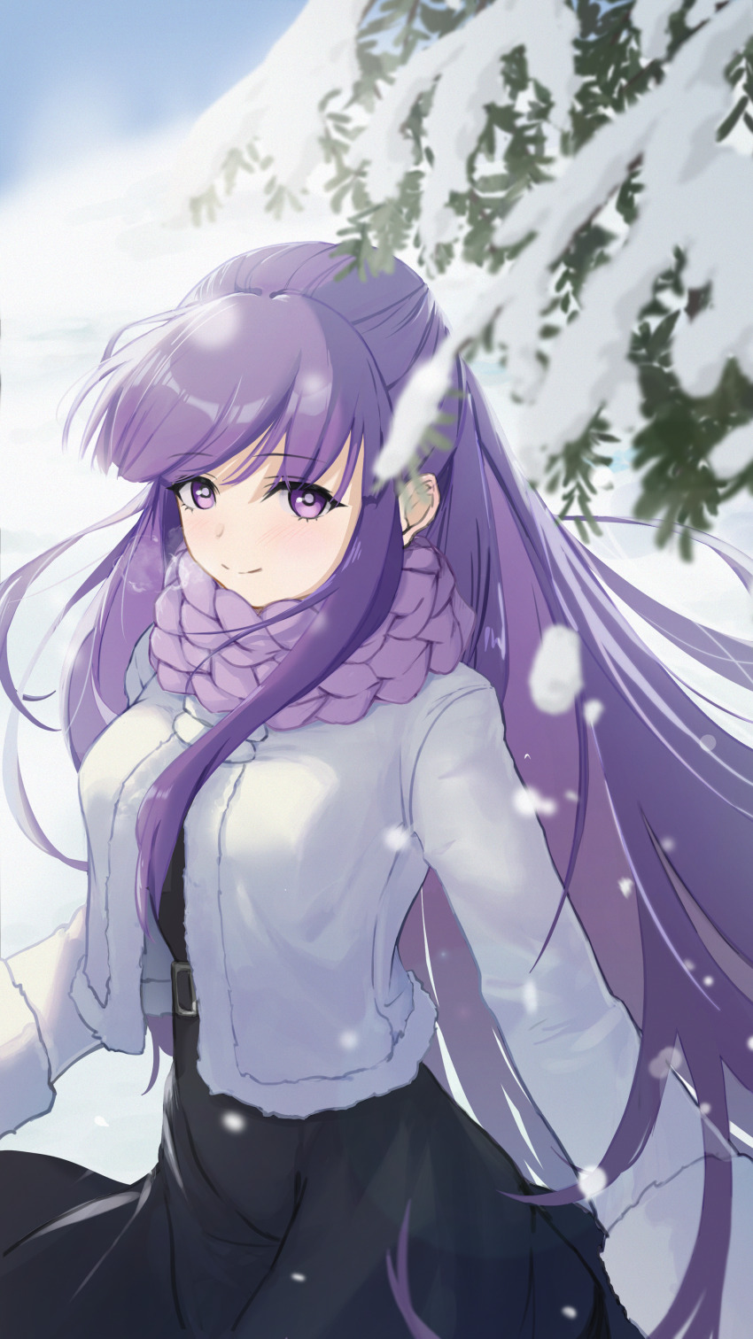 1girl absurdres belt black_belt black_dress braided_scarf closed_mouth dress fern_(sousou_no_frieren) fur-trimmed_jacket fur_trim highres jacket long_hair looking_at_viewer outdoors purple_eyes purple_hair purple_scarf scarf smile snow snowing solo sousou_no_frieren tree upper_body user_fzkm8843 white_jacket