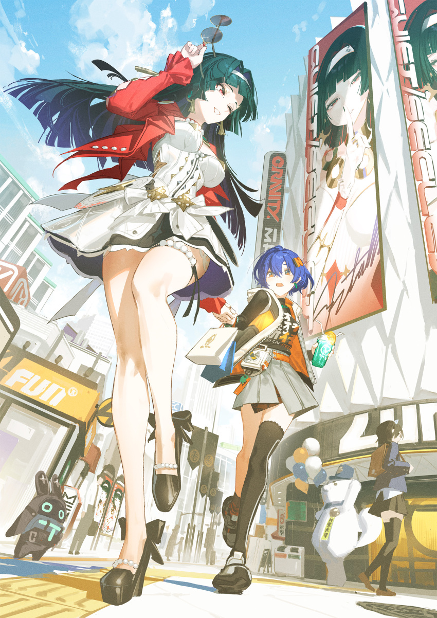 2girls absurdres astra_yao asymmetrical_legwear bag bangboo_(zenless_zone_zero) bare_legs belle_(zenless_zone_zero) blue_hair blue_sky building city day dress earrings green_hair hair_between_eyes hair_ornament hairband high_heels highres jacket jewelry long_hair long_sleeves miniskirt multiple_girls officer_mewmew one_eye_closed open_mouth outdoors red_eyes red_jacket reoen shopping_bag short_hair single_thighhigh skirt sky sunglasses thighhighs uneven_legwear unworn_eyewear white_dress white_hairband zenless_zone_zero